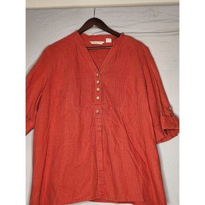 Tweeds Woman Orange  Linen tunic Blouse button front‎ 3/4 sleeves  Size 2X